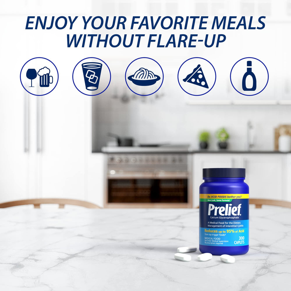 PRELIEF bottle on kitchen counter signals convenient dining acid support