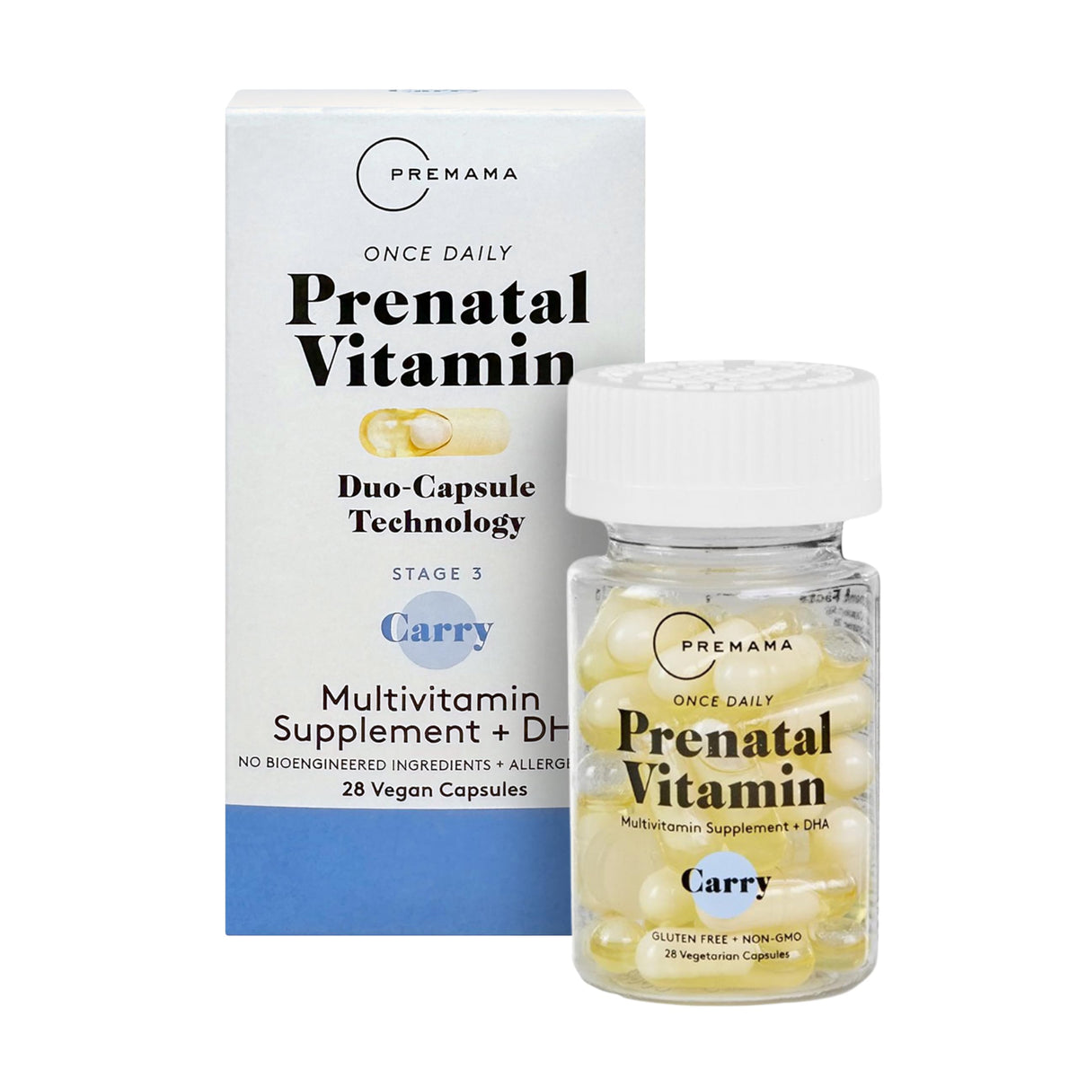 Premama Prenatal Vitamins bottle label showing vegan, allergen-free, gluten-free claims