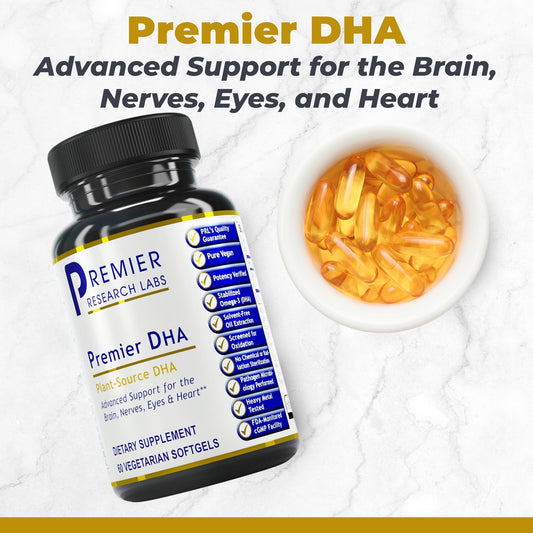 Close-up of Premier DHA softgels showing 200 mg DHA per capsule