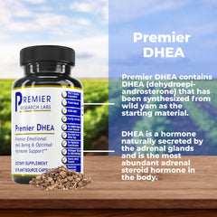 Close-up of Premier DHEA 25mg capsules in blister pack