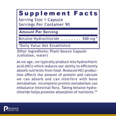 Front view of Premier HCL Betaine HCL bottle