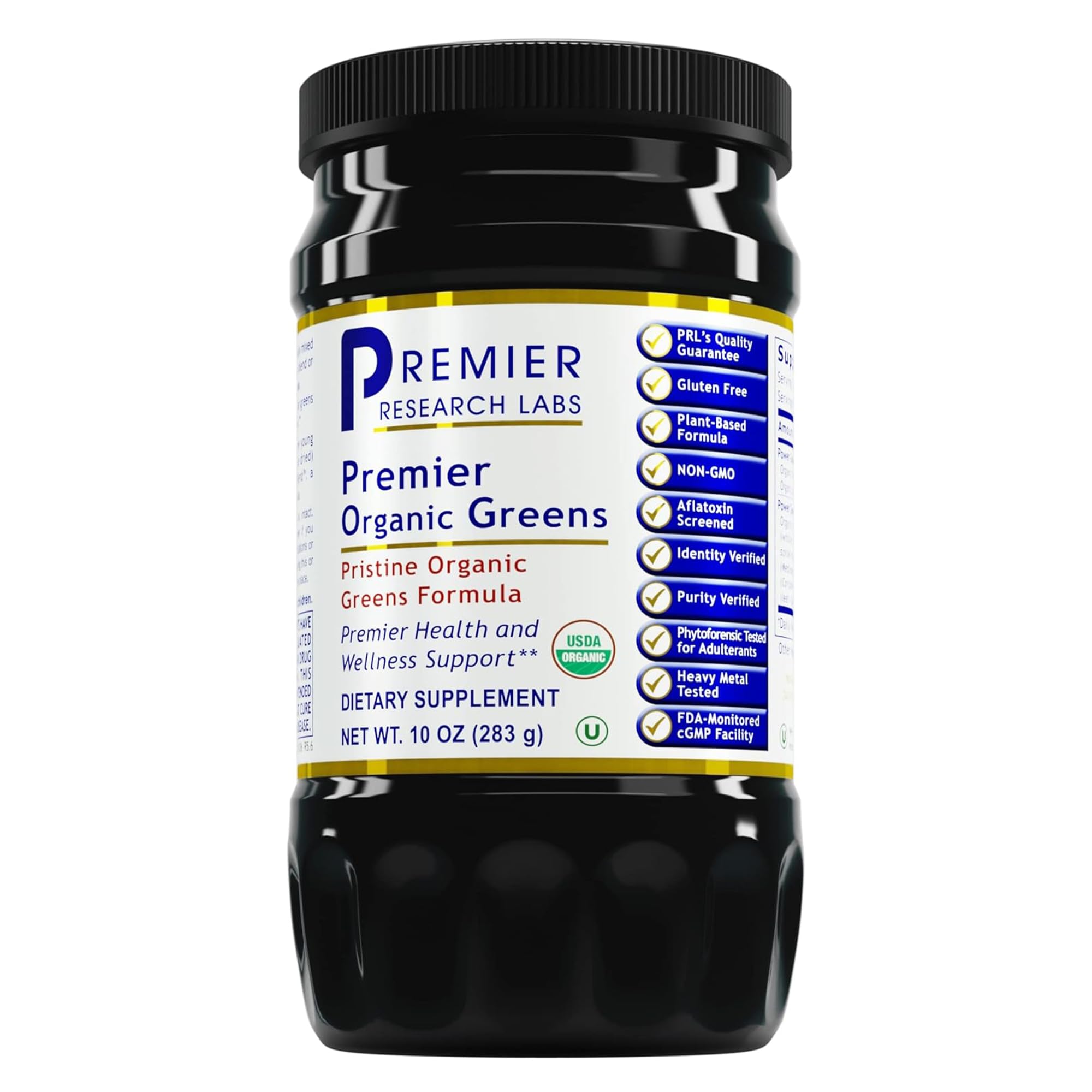 Premier Organic Greens 10 oz bottle on white backdrop