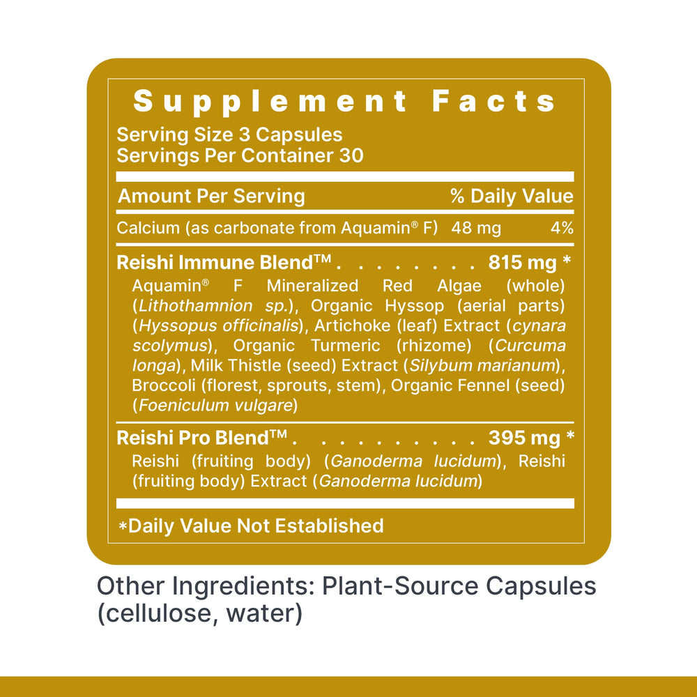 Product packaging of Premier Reishi Immune Support – 90 vegan capsules