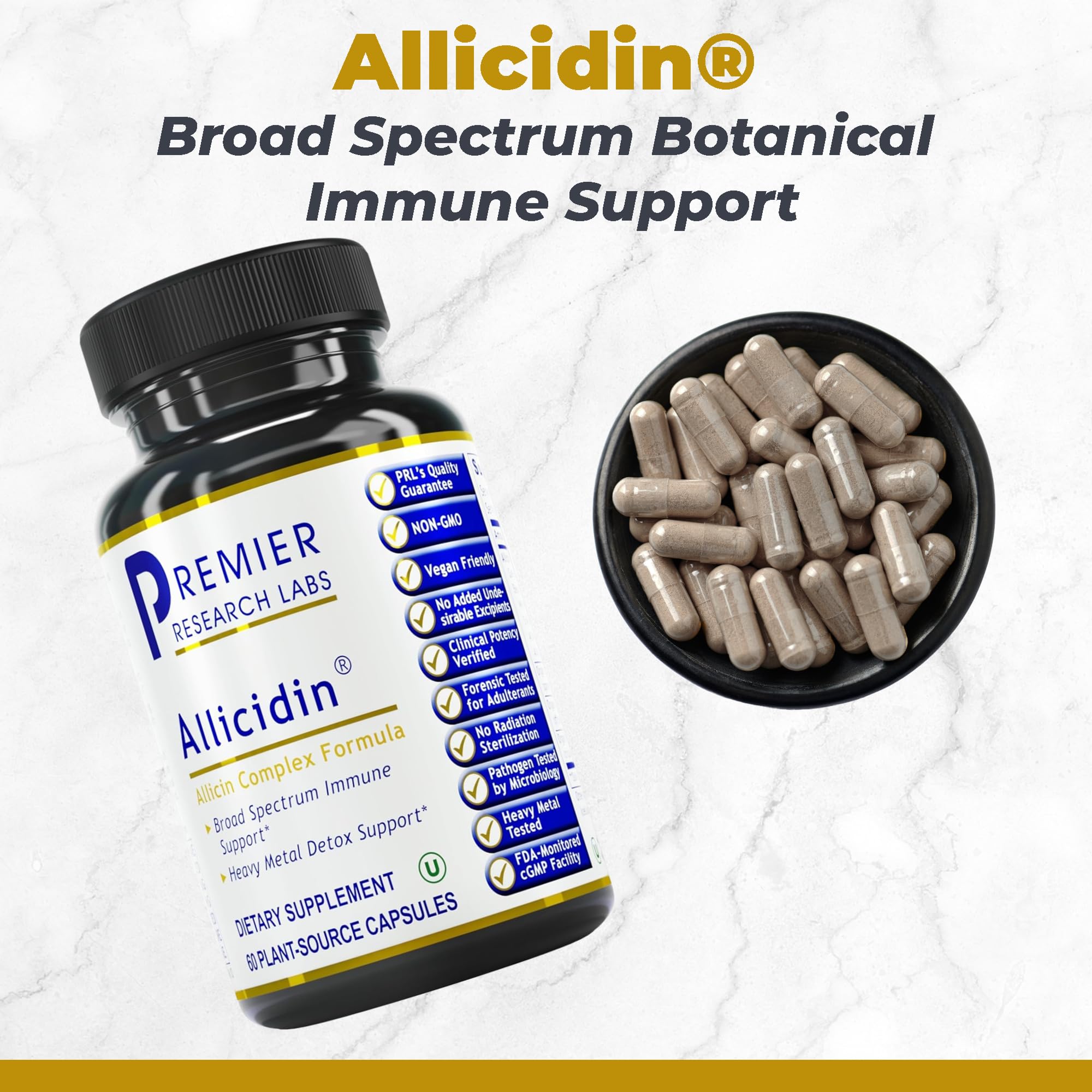 Allicidin bottle label highlights allicin content and full-spectrum formula