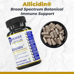 Allicidin bottle label highlights allicin content and full-spectrum formula