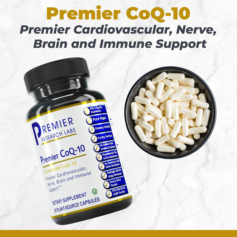 Close-up of Premier Research Labs CoQ10 100 mg capsule