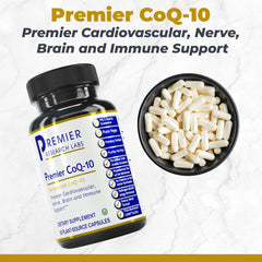 Close-up of Premier Research Labs CoQ10 100 mg capsule