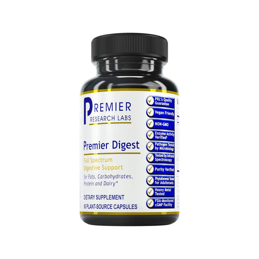 Premier Research Labs Active Digestive Enzymes bottle displaying 60 plant-sourced capsules