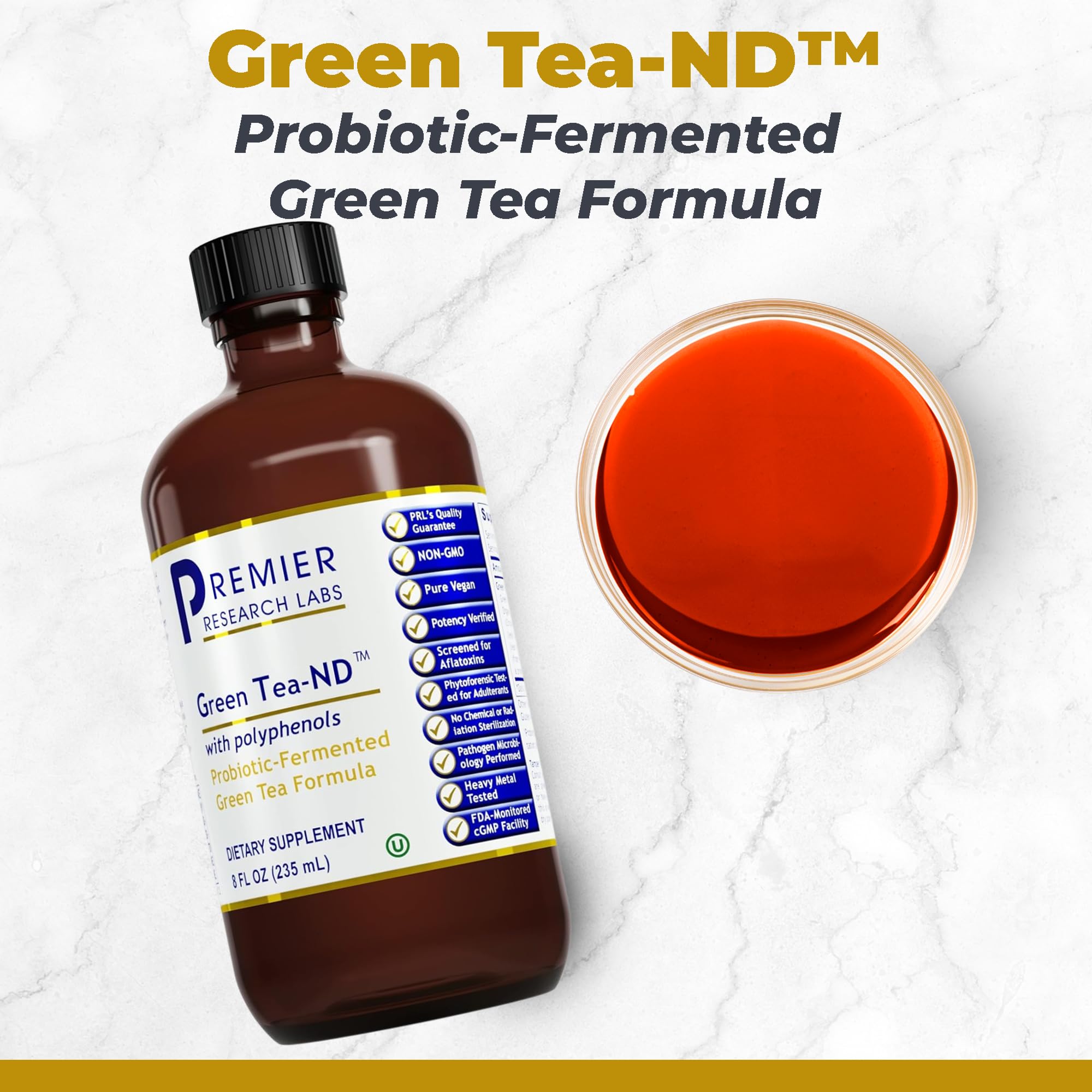Close-up of Premier Research Labs Green Tea-ND liquid extract