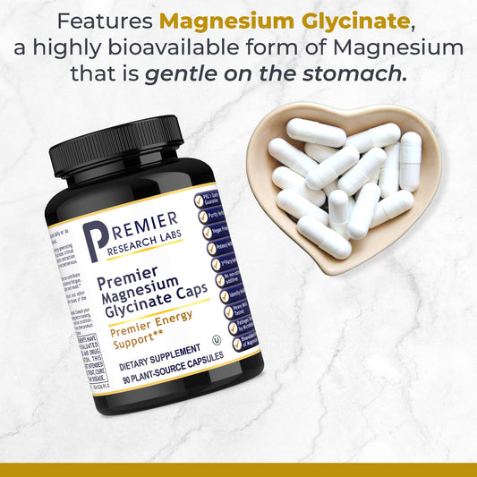 Close-up of the product label for Premier Research Labs Magnesium Glycinate