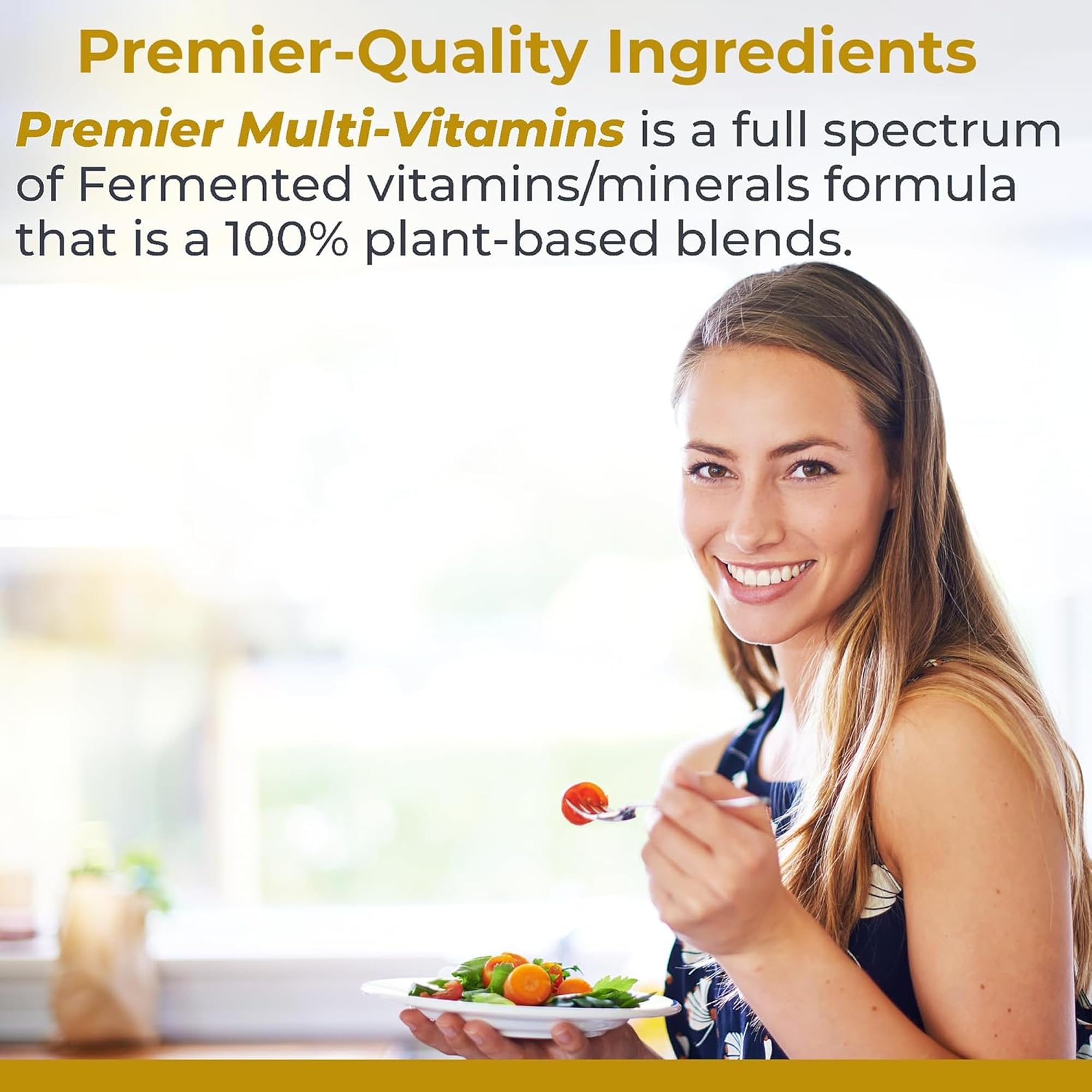 Pill capsules and bottle highlighting gluten-free and soy-free formula
