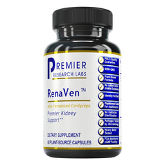 Premier Research Labs RenaVen bottle front highlights kidney support with fermented cordyceps.