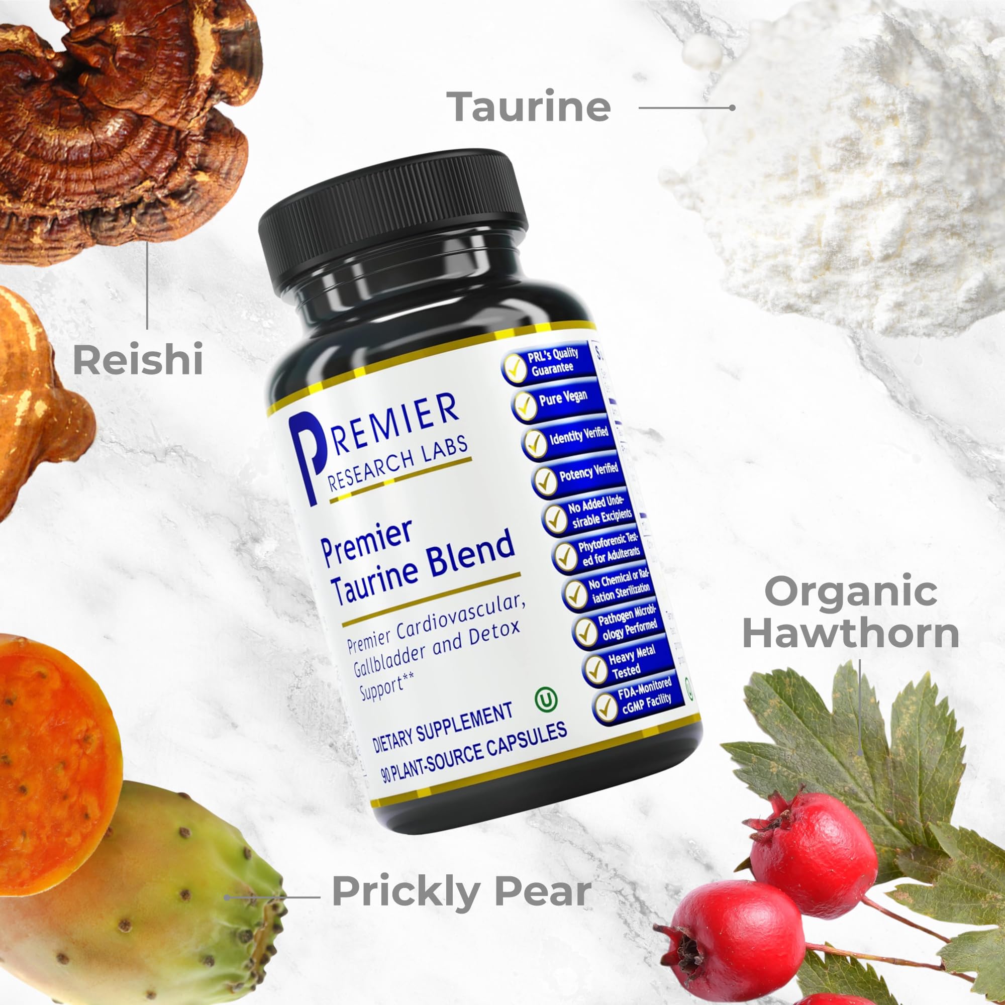 Taurine blend ingredients including reishi, Hawthorn berry and prickly pear