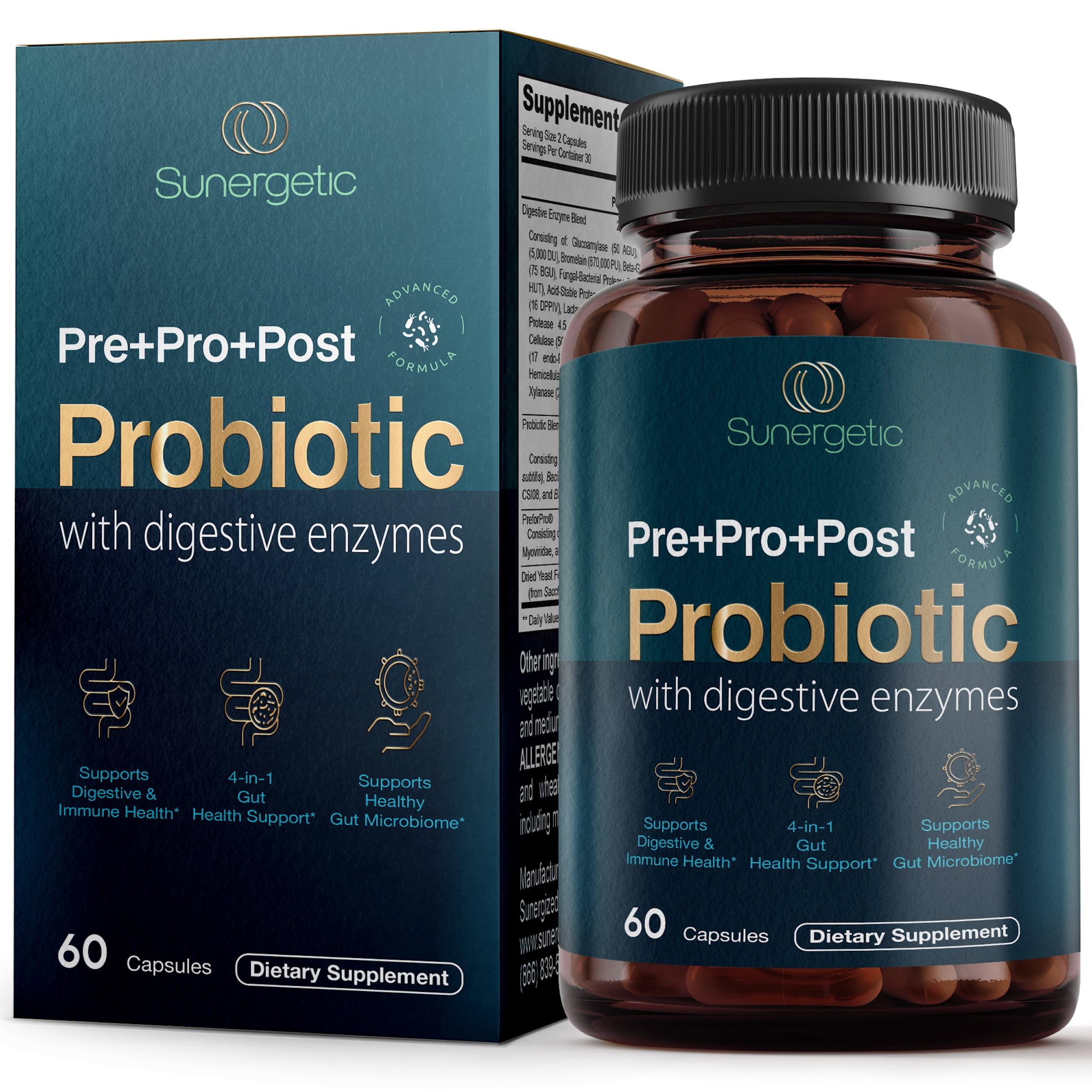 Premium 4-in-1 probiotic front packaging with 60 capsules