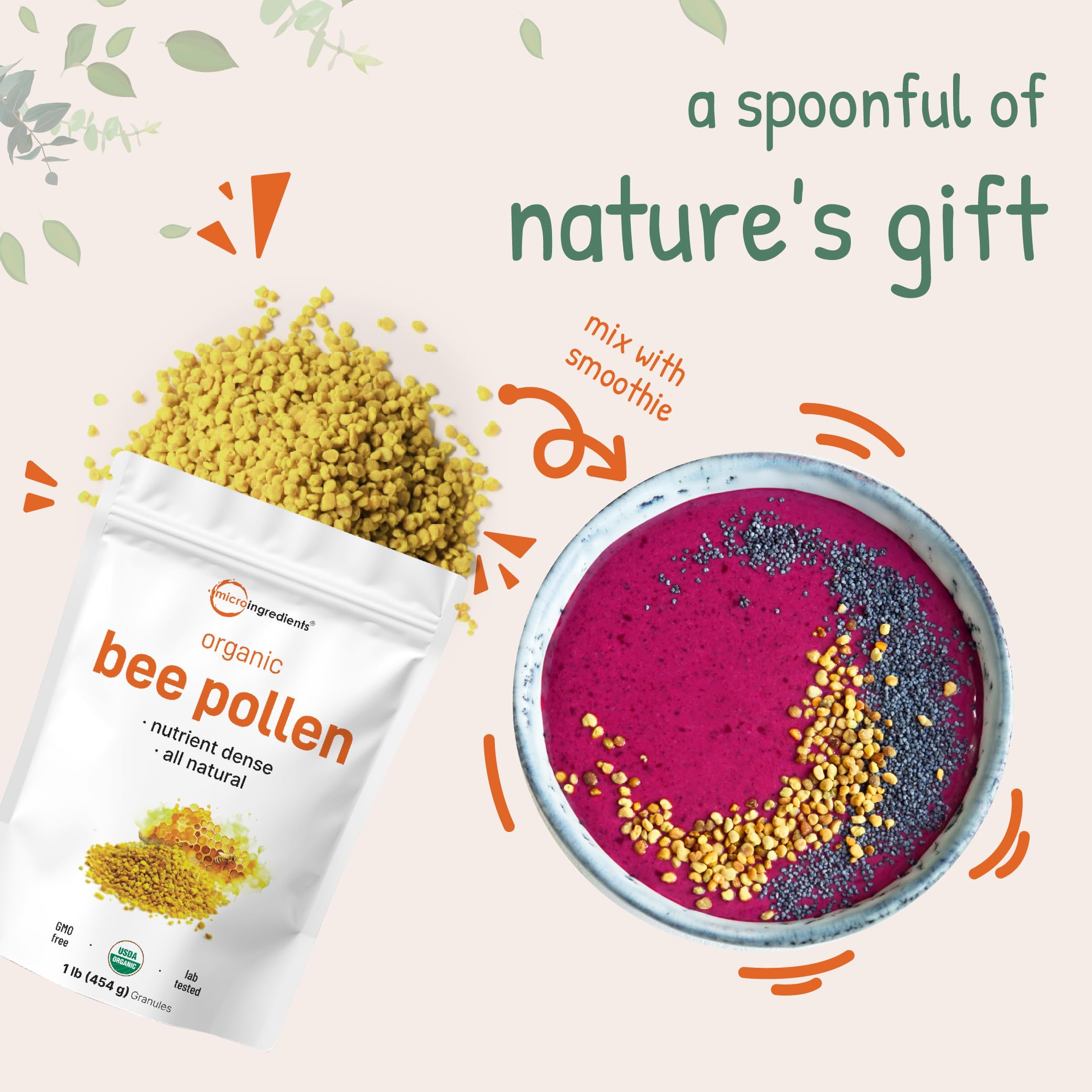 Premium bee pollen supplement bottle and spoon
