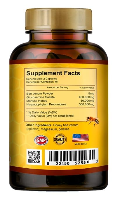 90-capsule bottle packaging for Premium Bee Venom and Glucosamine