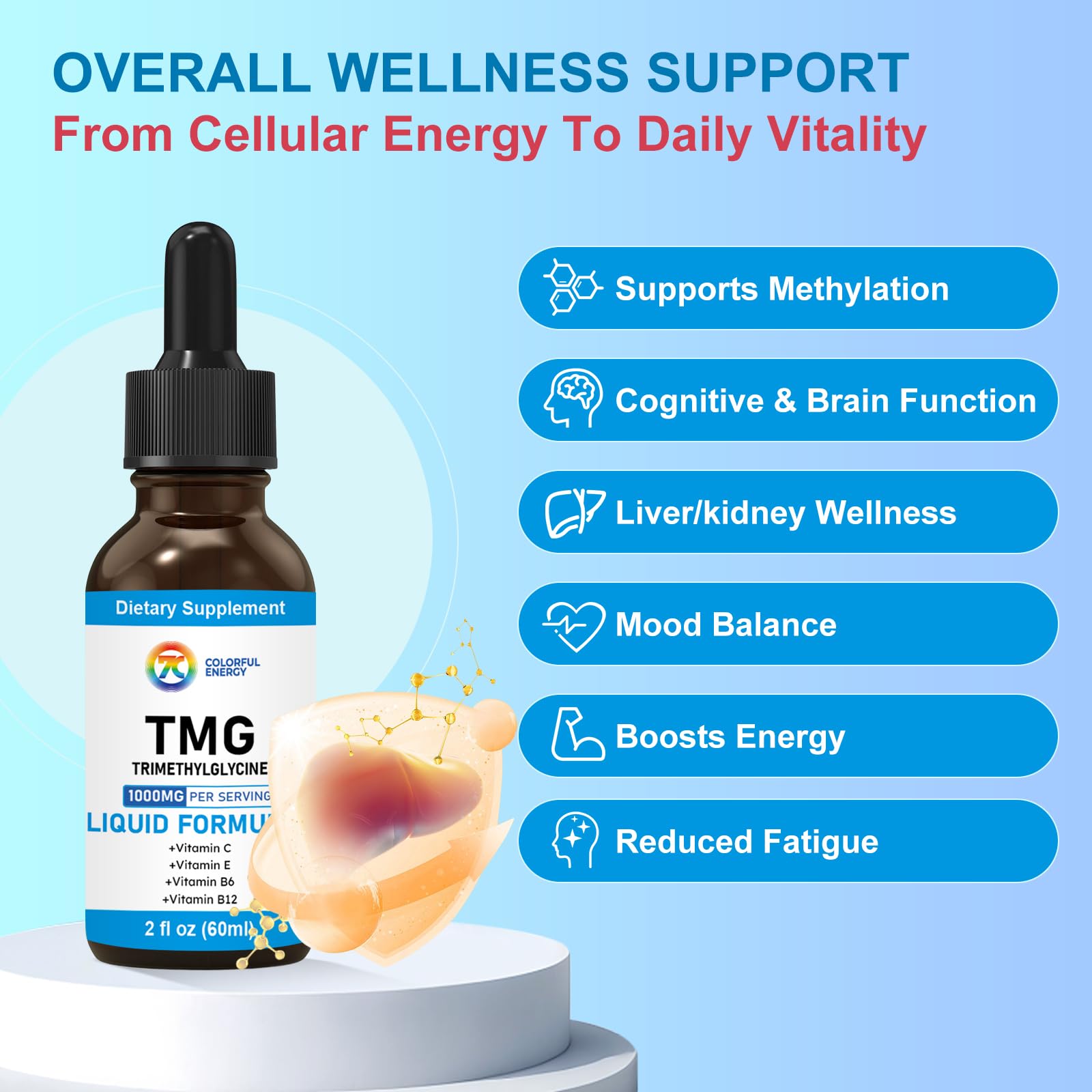 Premium dark glass bottle protecting TMG liquid formula