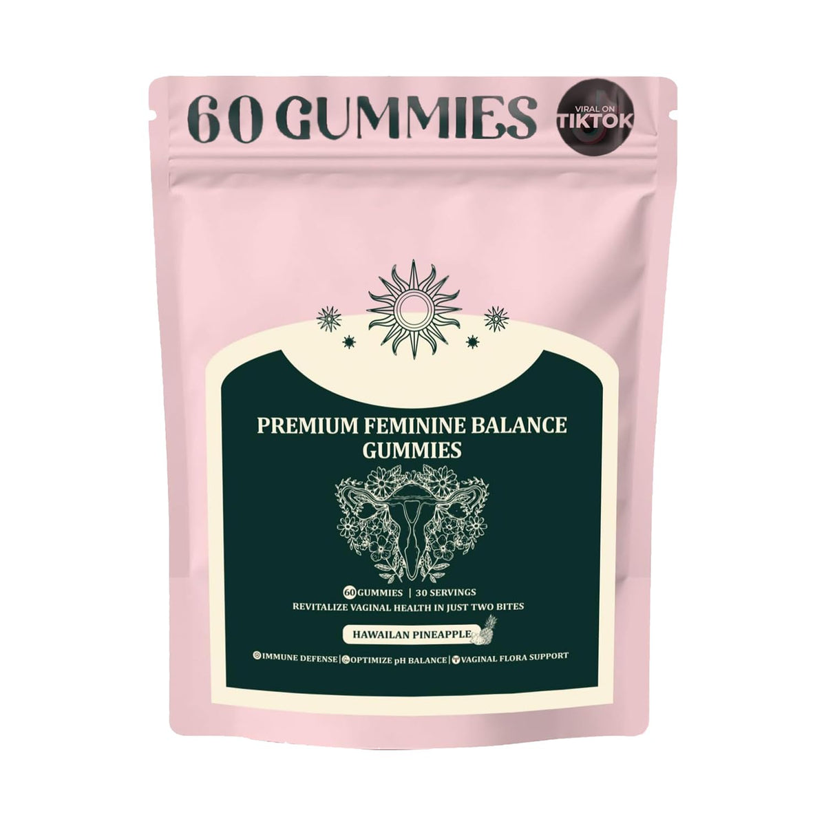 Premium Feminine Balance Gummies bottle with pineapple flavor