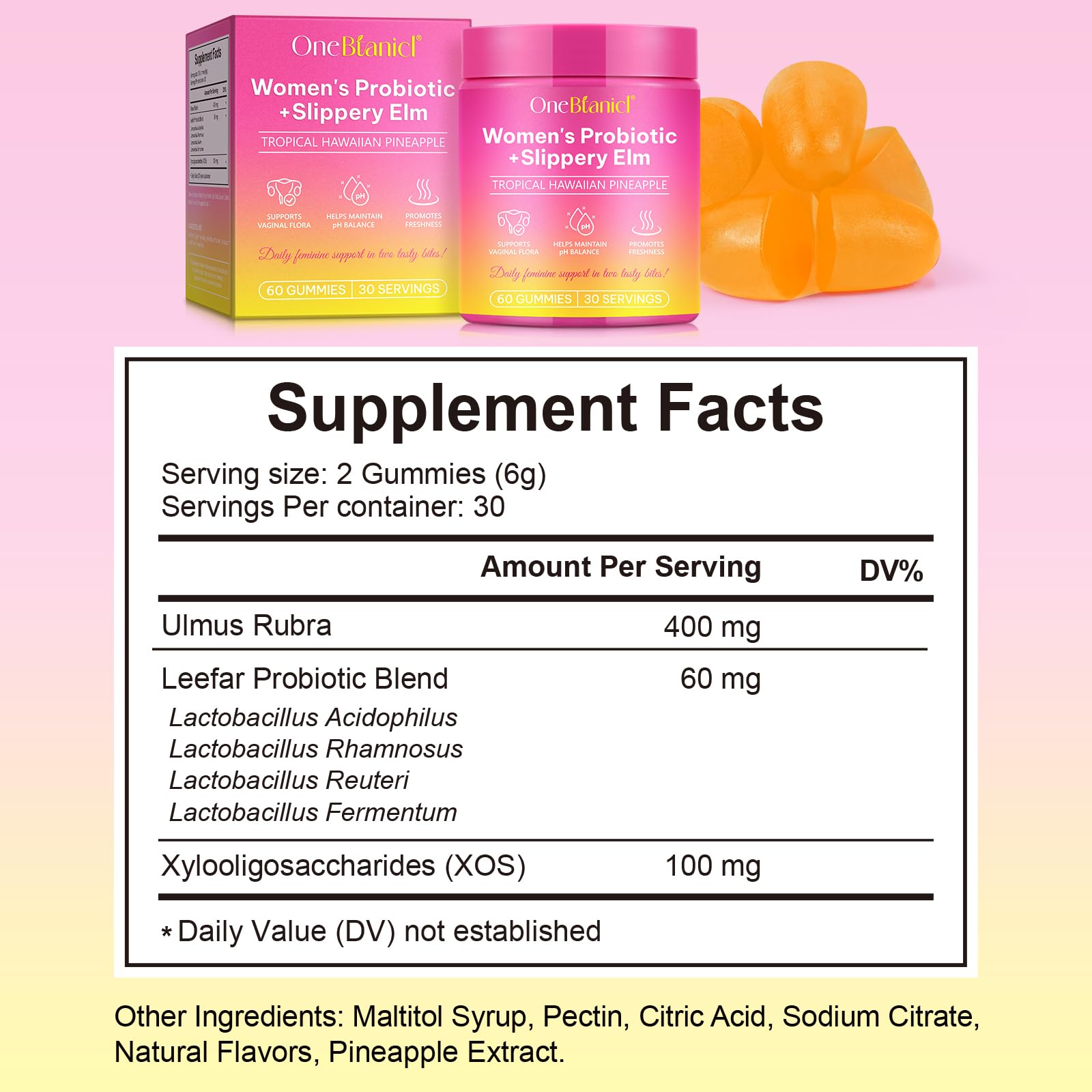 Close-up of pineapple-flavored feminine balance gummies