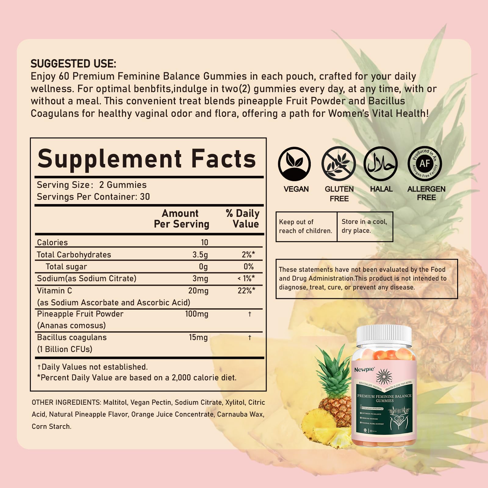 Gummy ingredients showing Bacillus coagulans and prebiotics