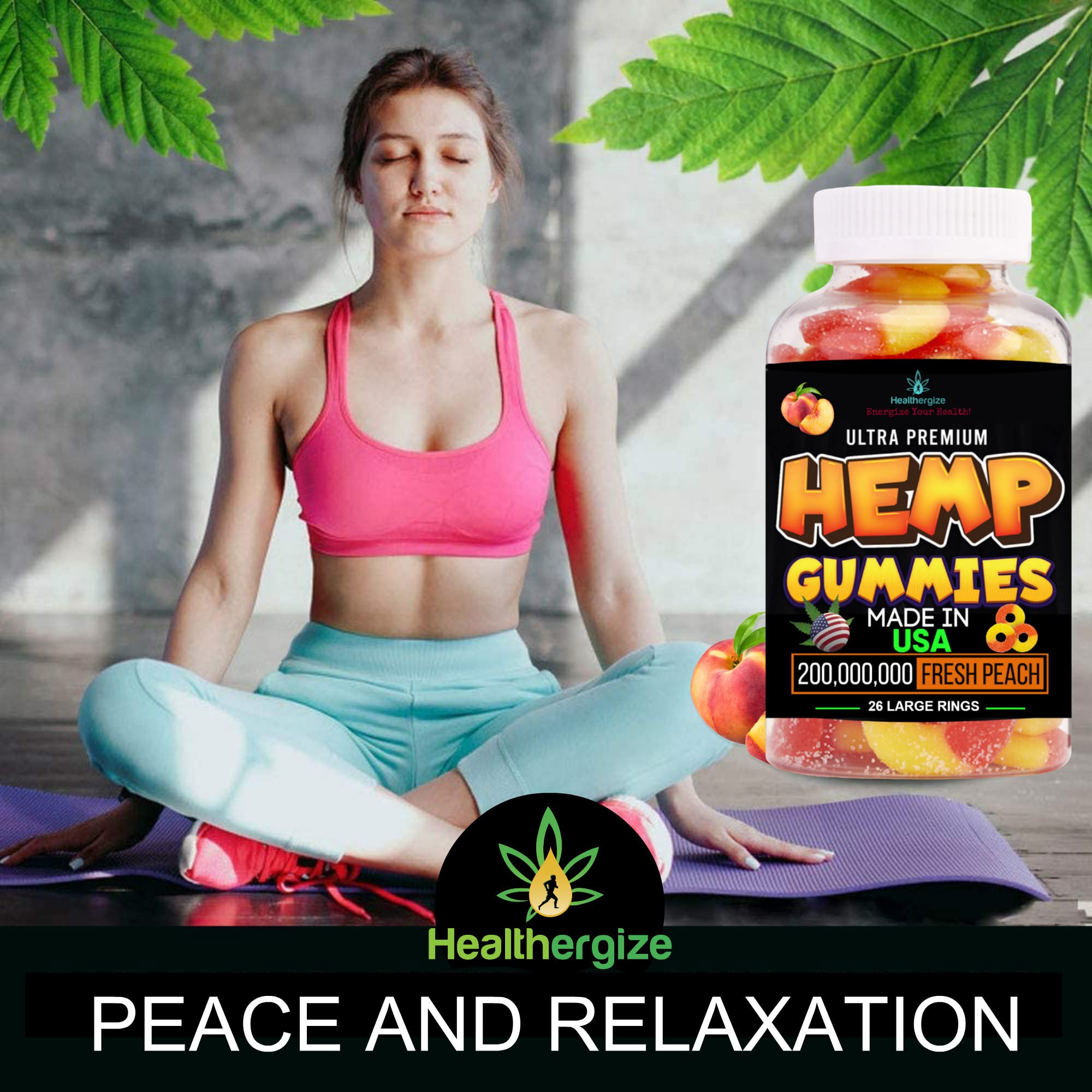 Premium hemp oil bottle with peach ring gummies