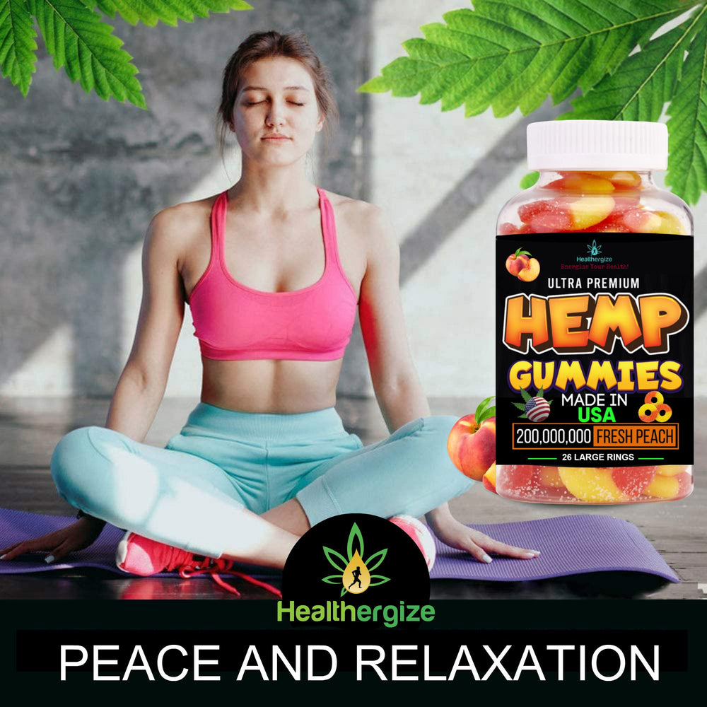 Premium hemp oil bottle with peach ring gummies