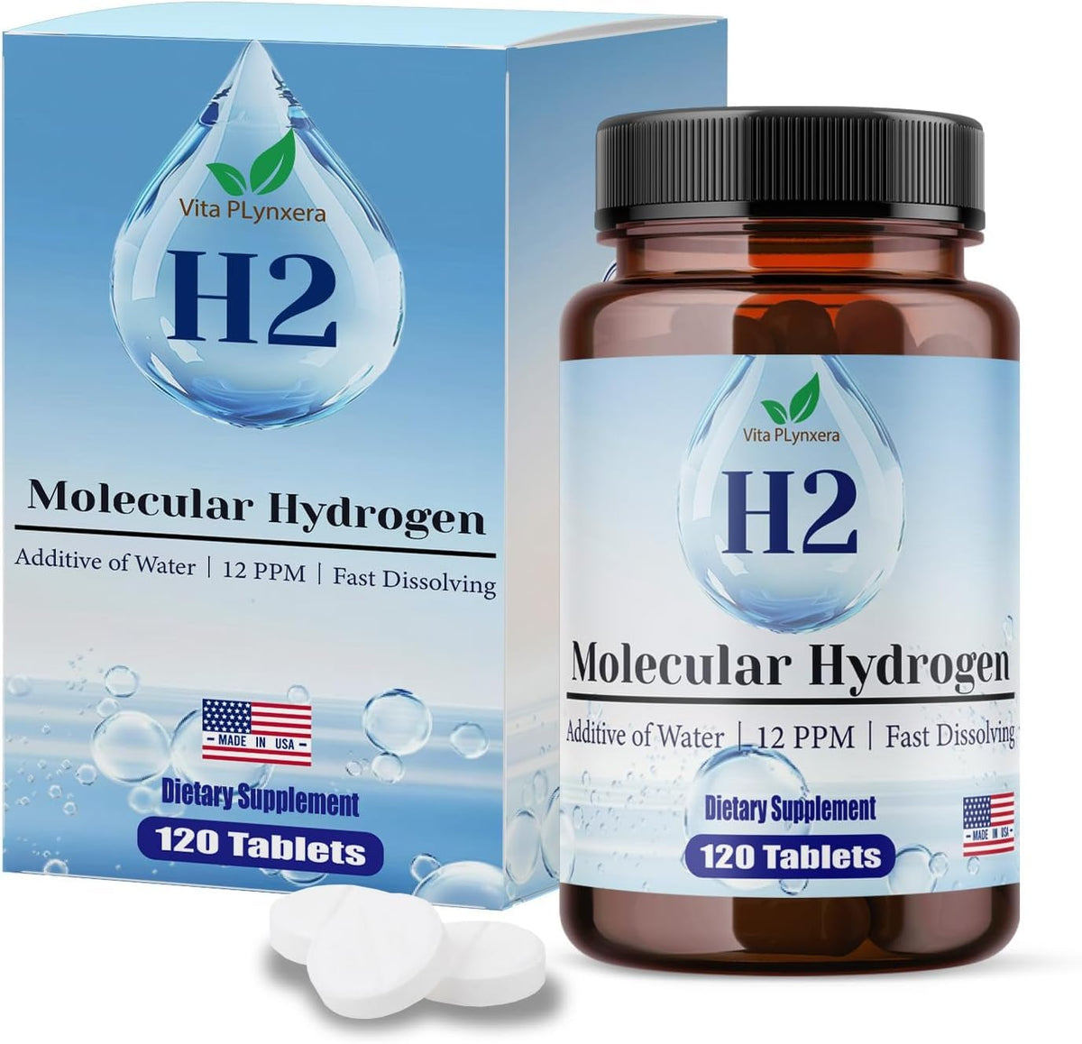 Tablets dissolving in a glass to create hydrogen-rich water (12ppm).