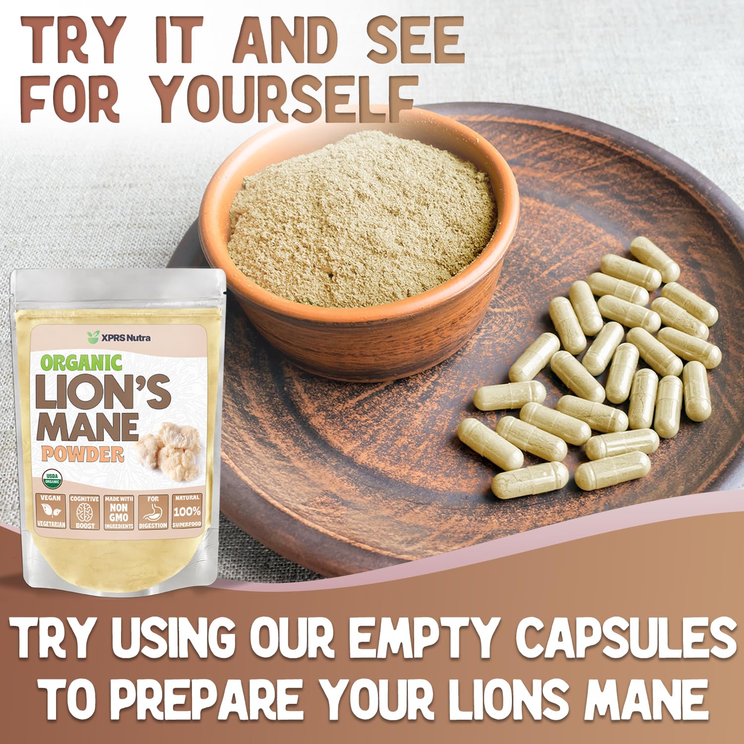 Premium Lion's Mane powder packaging close-up