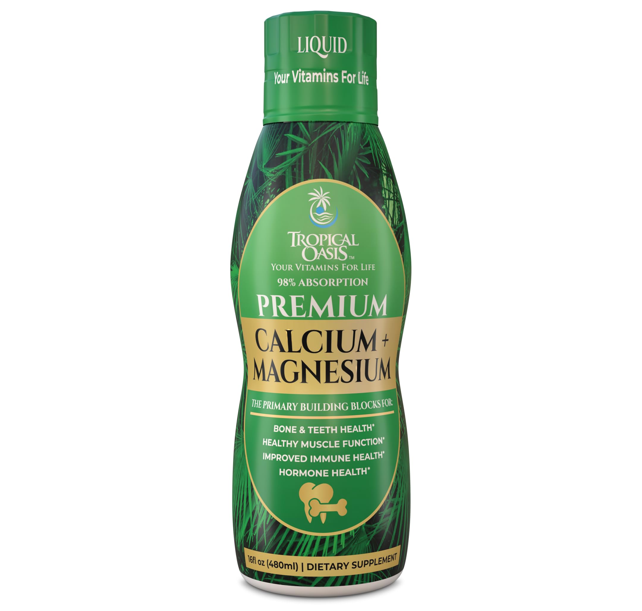 Bottle of Premium Liquid Calcium Magnesium supplement showing 16oz size