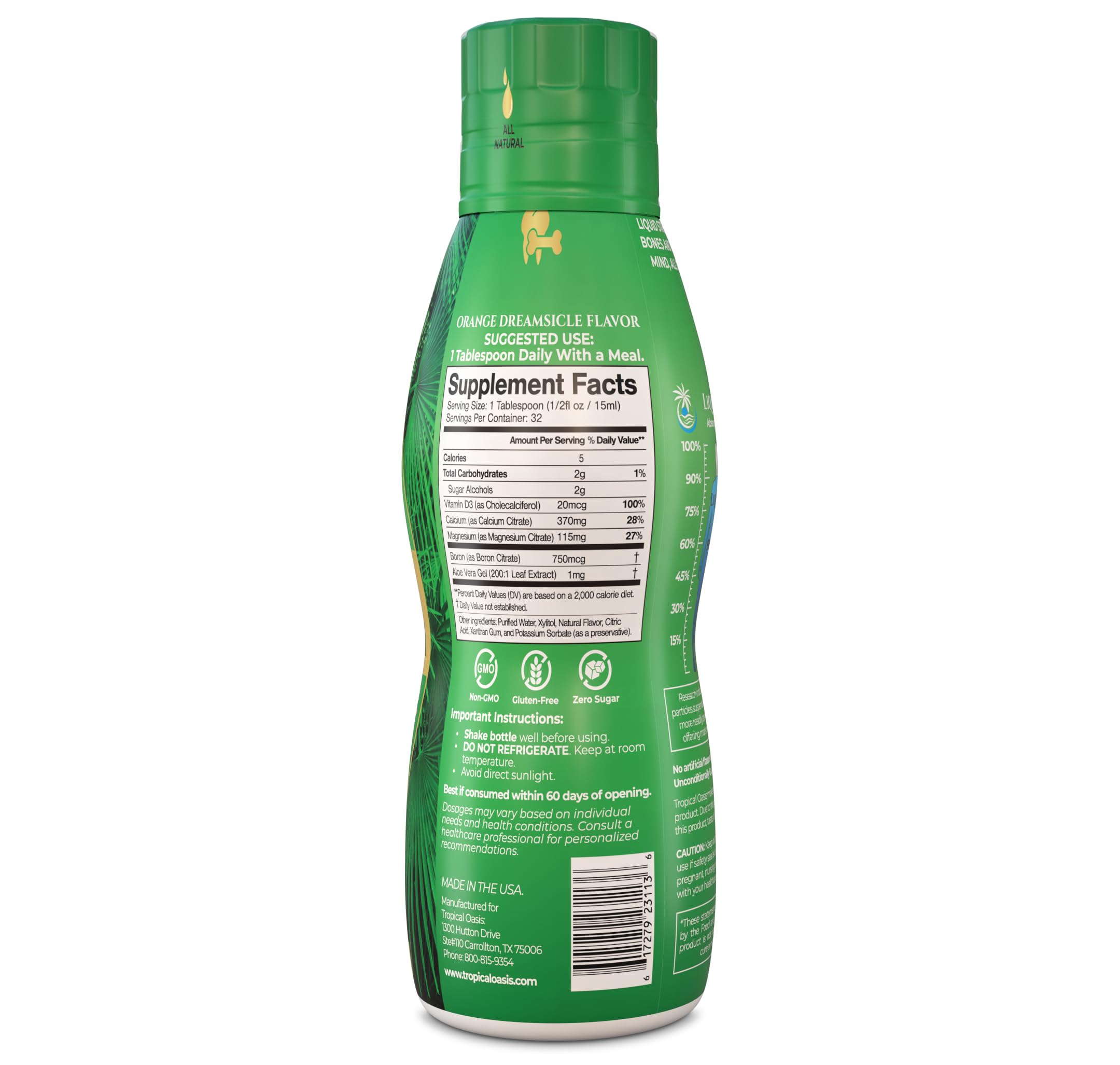 Close up of label on premium liquid calcium magnesium supplement bottle