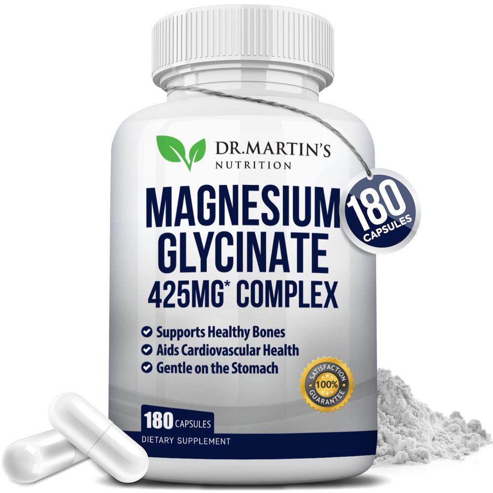 Front view of Premium Magnesium Glycinate 425mg bottle with 180 vegan capsules