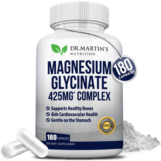 Front view of Premium Magnesium Glycinate 425mg bottle with 180 vegan capsules