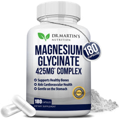 Front view of Premium Magnesium Glycinate 425mg bottle with 180 vegan capsules