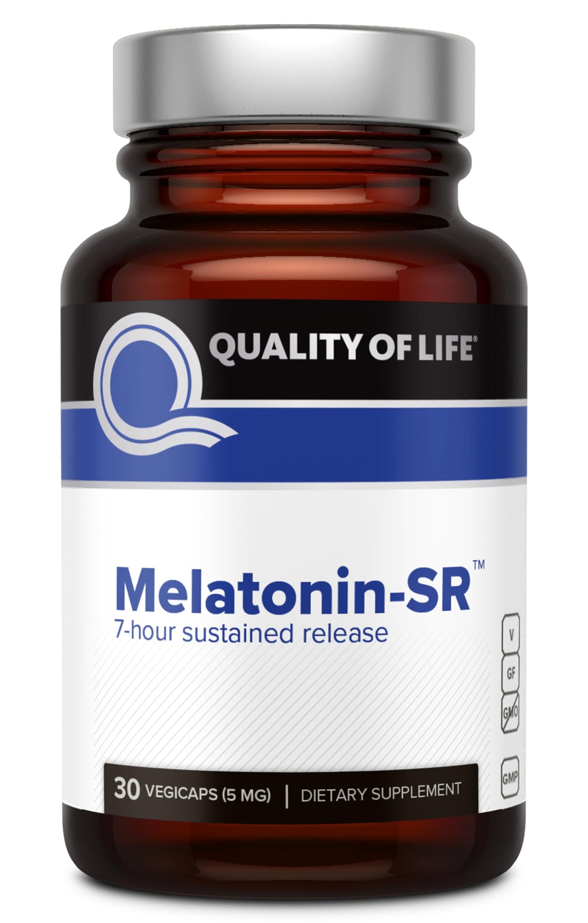Front view of Premium Melatonin Sleep Support bottle with 30 Vegicaps