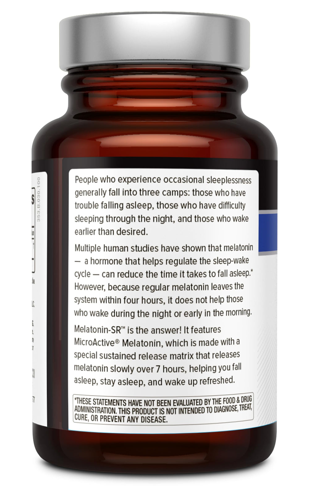 Label close-up highlighting 5 mg MicroActive Melatonin per capsule and Melatonin-SR