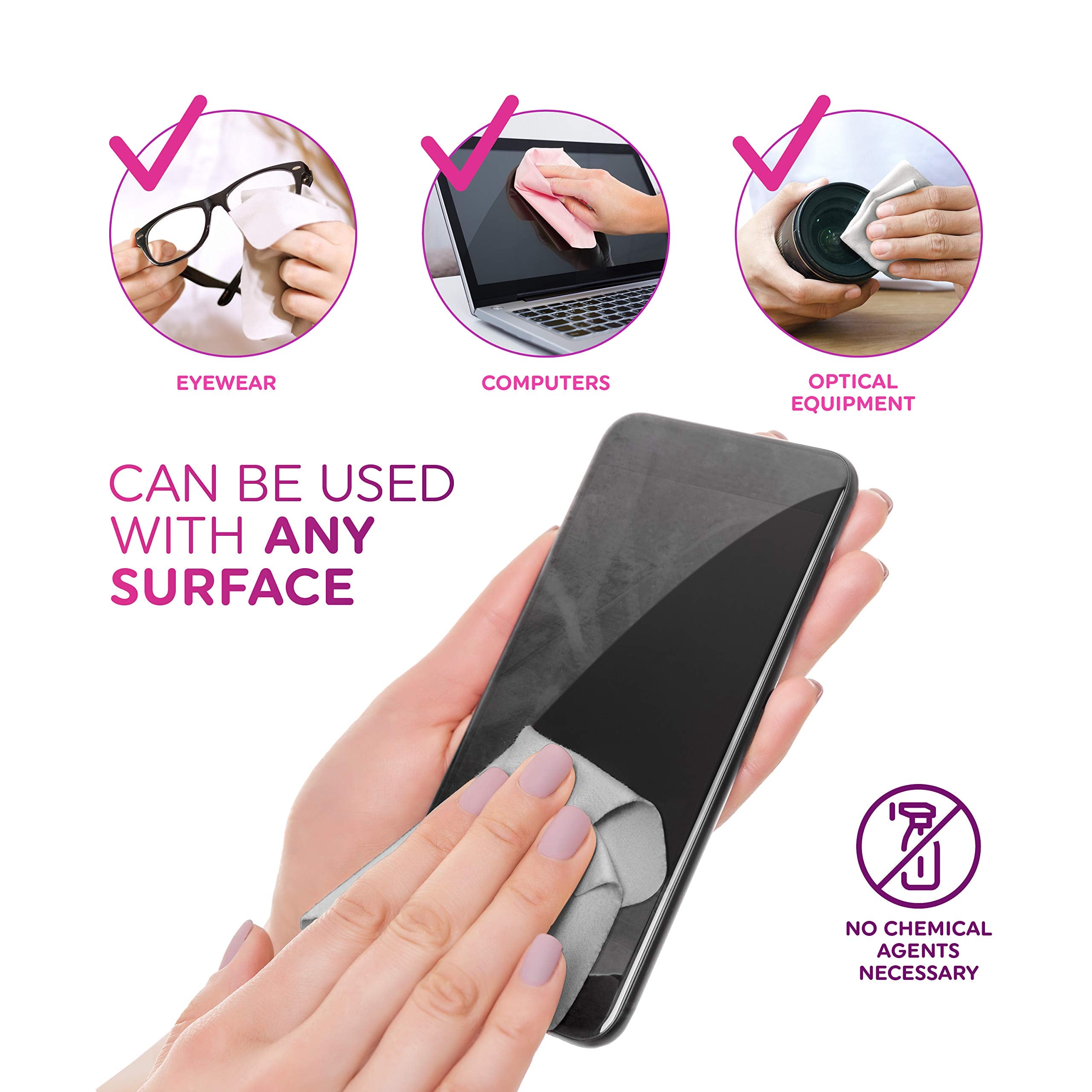 Close-up of pink microfiber cloth cleaning eyeglasses