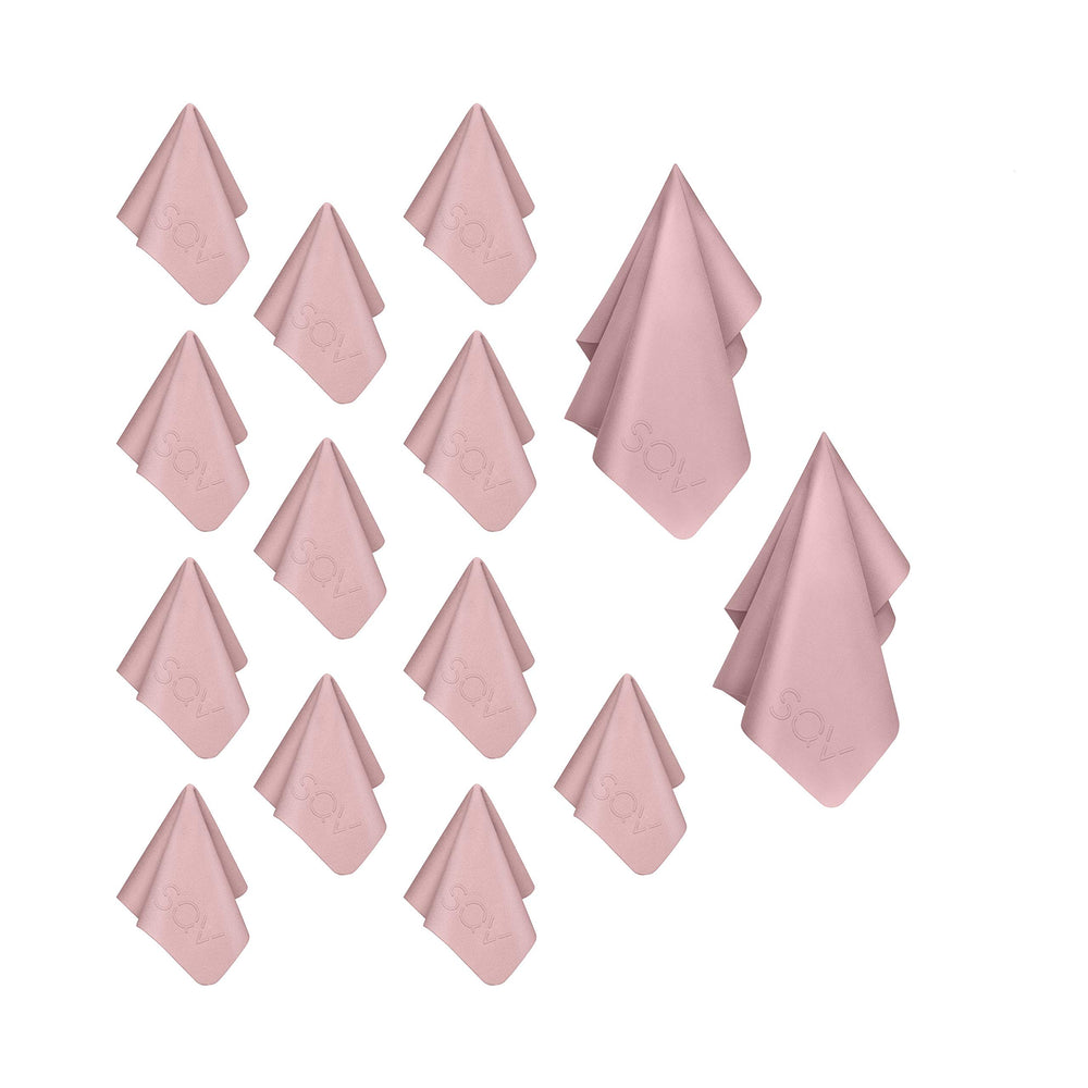Pink premium microfiber cleaning cloth laid flat, compact size