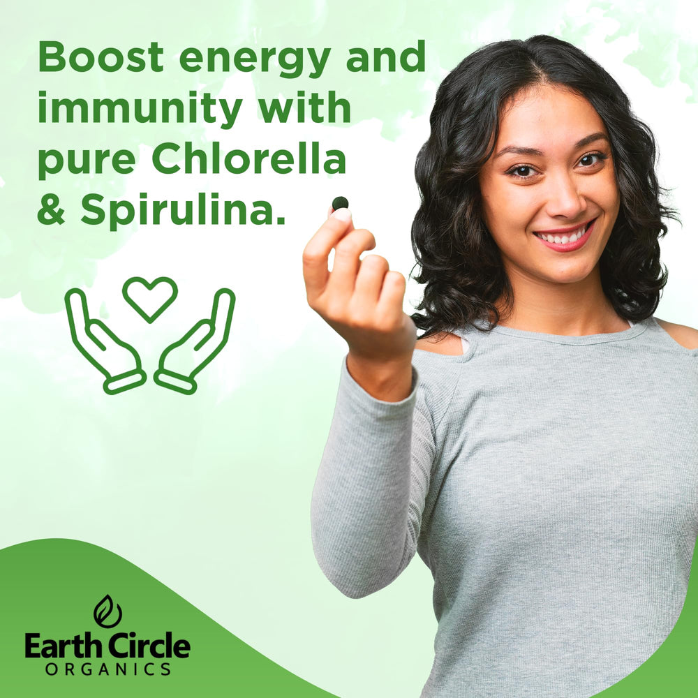 Cracked-cell-wall chlorella and spirulina tablets close-up