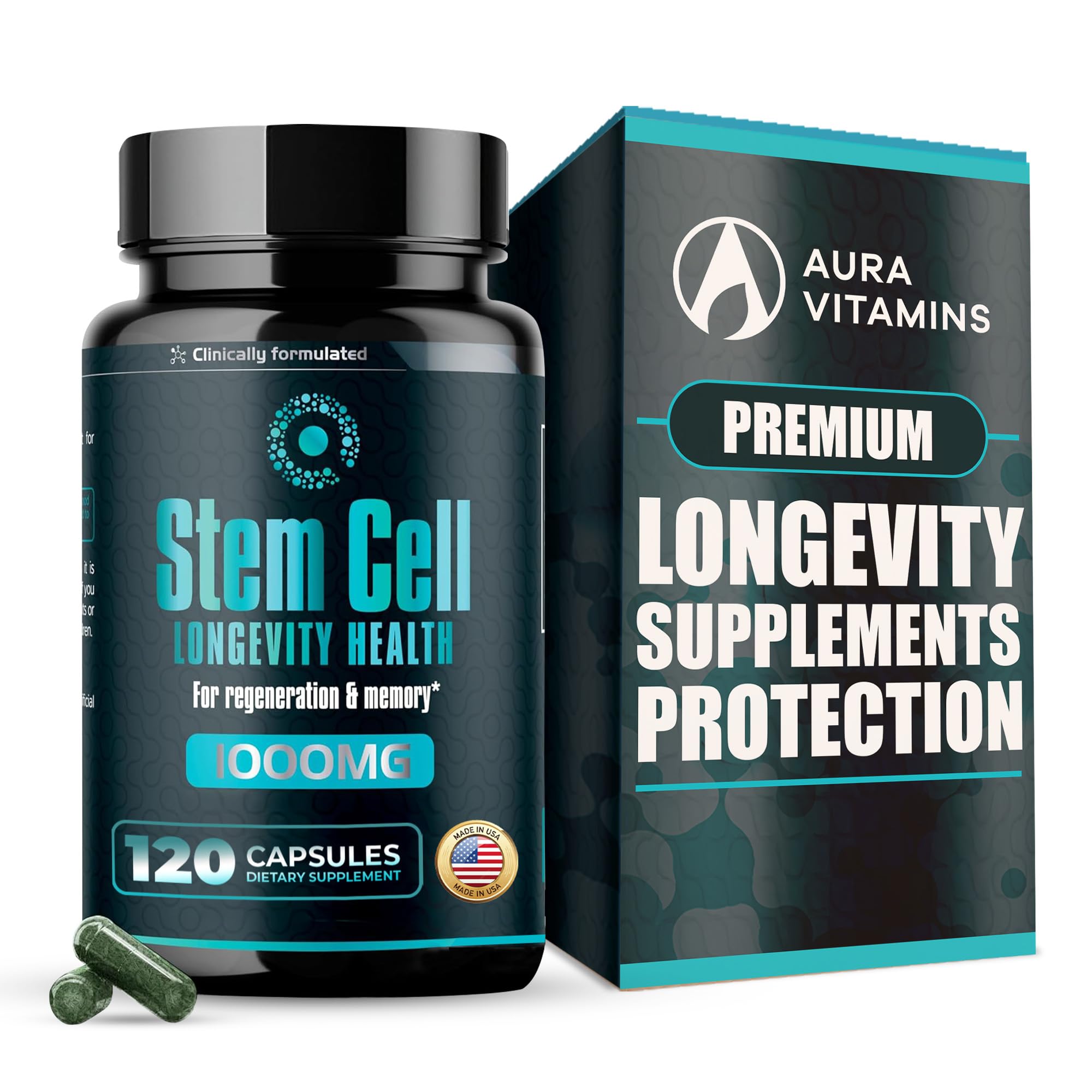 Front view of Premium Stem Cell Supplements bottle with 1000mg capsules (120 caps).