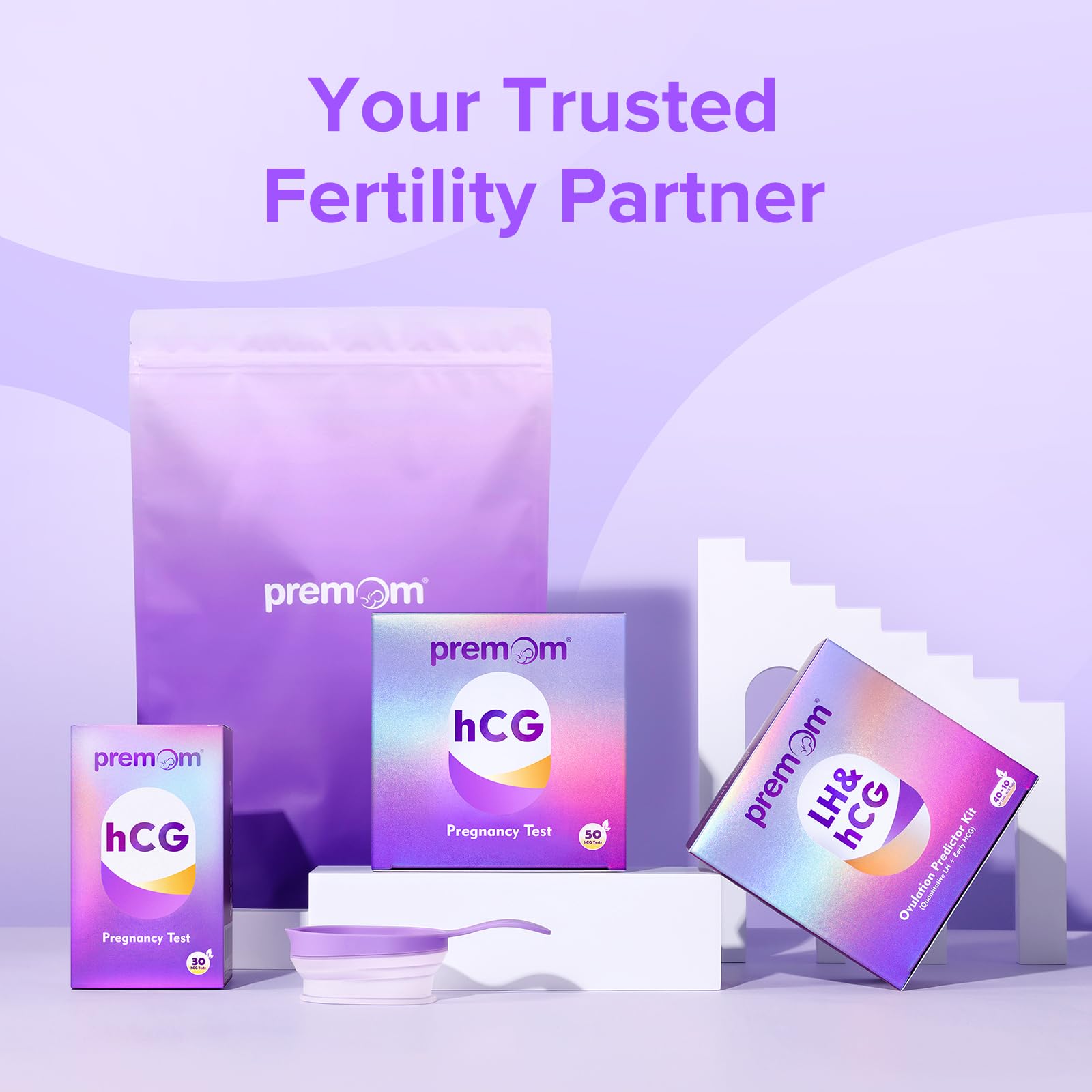 Box, instructions, and 30-pack Premom pregnancy test strips