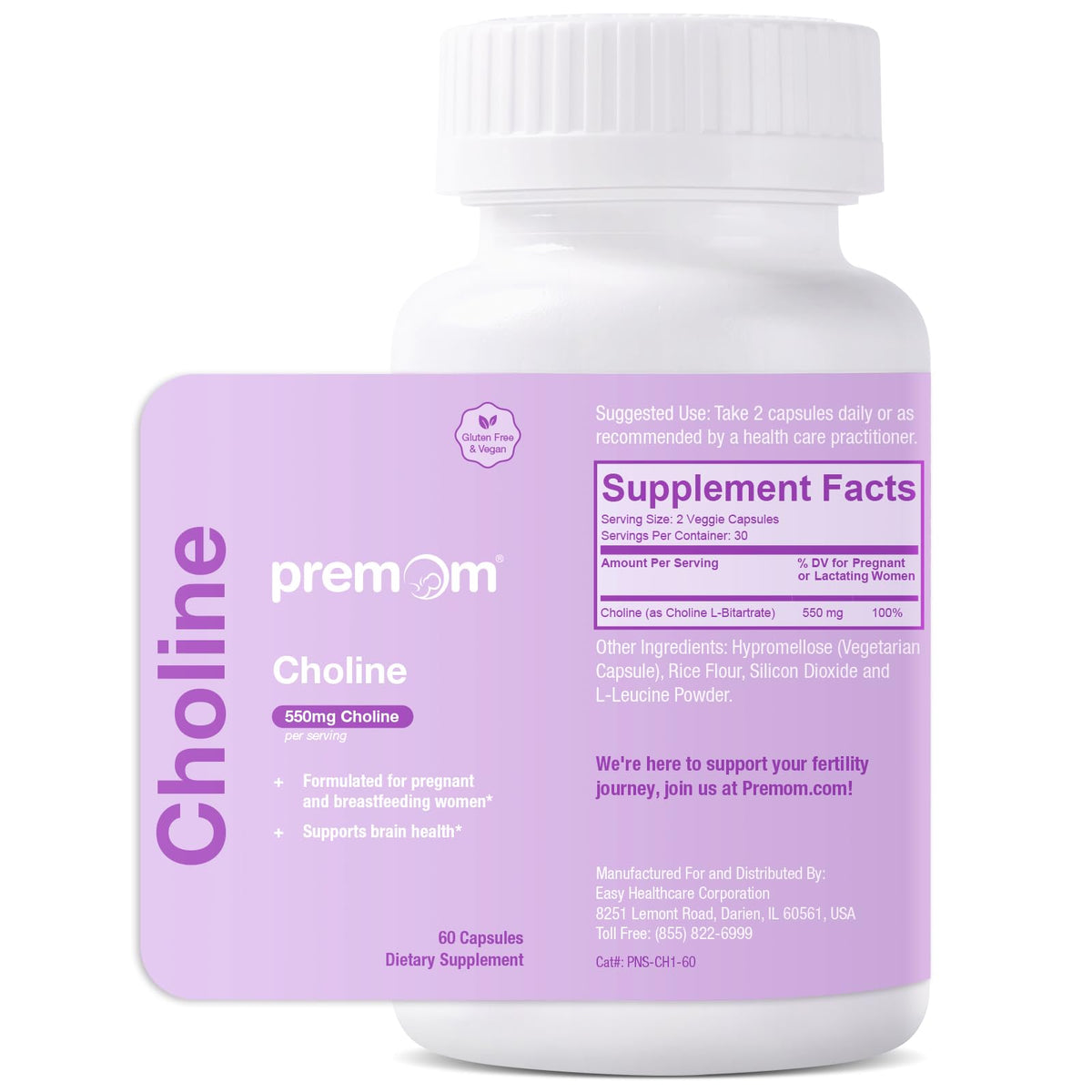 Premom prenatal choline bottle with 550mg capsules — hero image