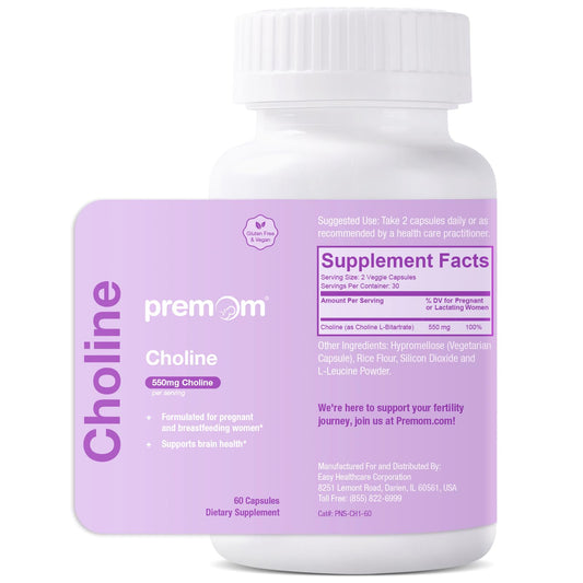 Premom prenatal choline bottle with 550mg capsules — hero image