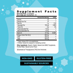 Graphic showing 500 mg omega-3 DHA and EPA per serving for prenatal health