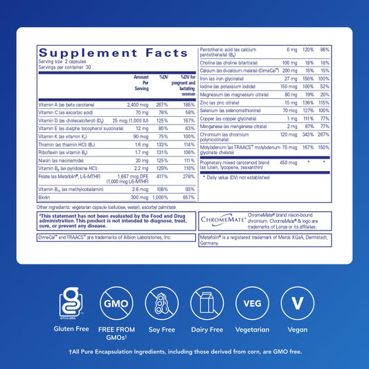 Close-up of PreNatal Nutrients bottle and capsules