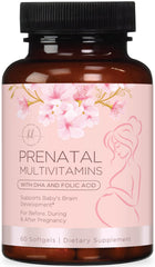 Bottle of prenatal vitamins with 60 softgels on white background