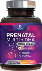 Front view of prenatal vitamins bottle with 240 softgels