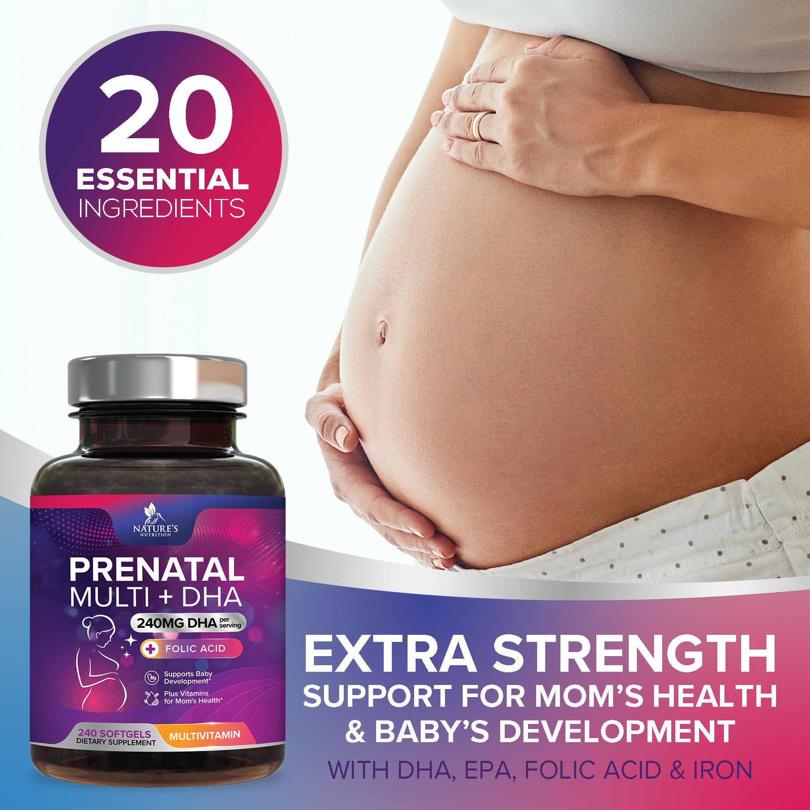 Omega-3 DHA prenatal vitamins with pregnancy support concept