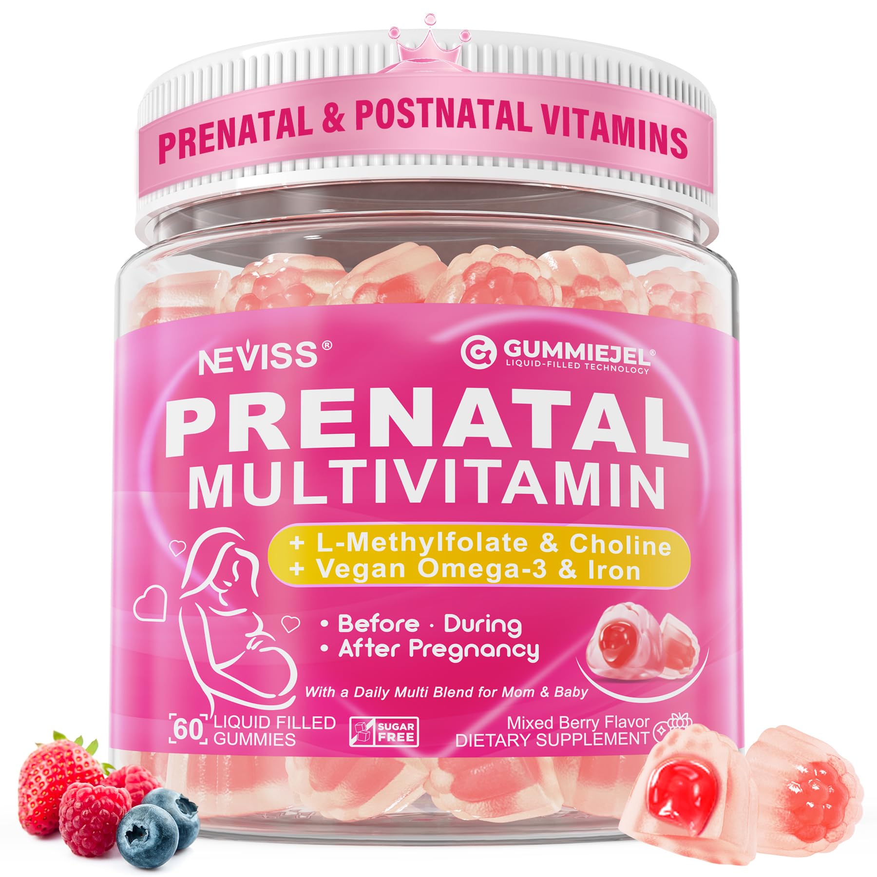 Front view of prenatal vitamin gummy bottle highlighting methylfolate 1mg ingredient