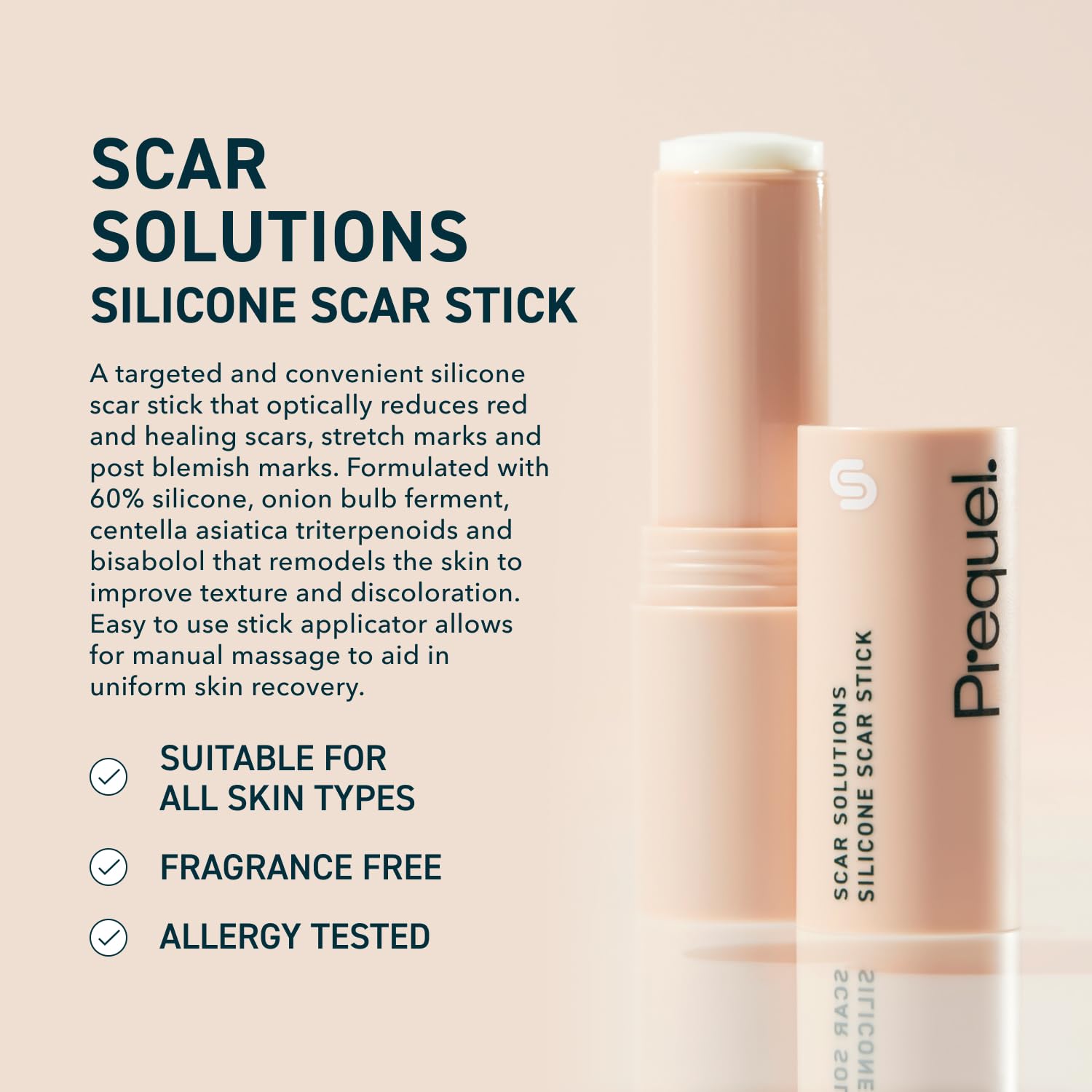 Prequel Skin Scar Solutions velvety-film on skin creates breathable moisture barrier.