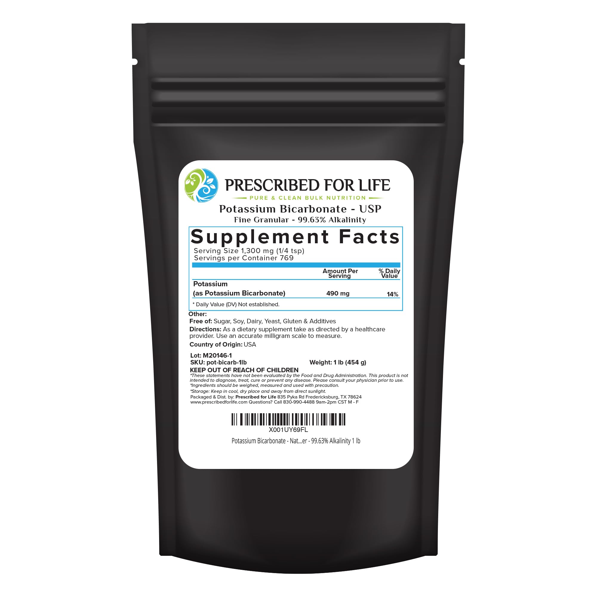 Front view of Prescribed for Life Potassium Bicarbonate Powder 1 lb package